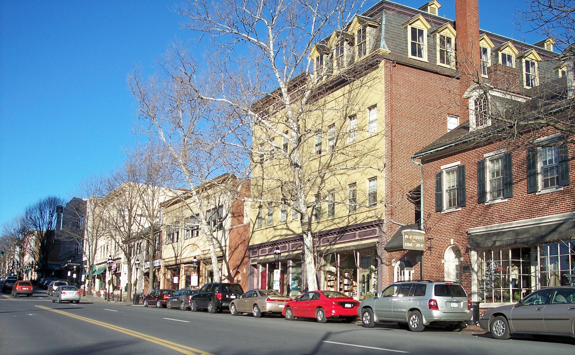 Historic brick storefronts along Main Street in Bethlehem, Pennsylvania